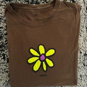 Obey Unisex Brown T-Shirt with Yellow Flower Design